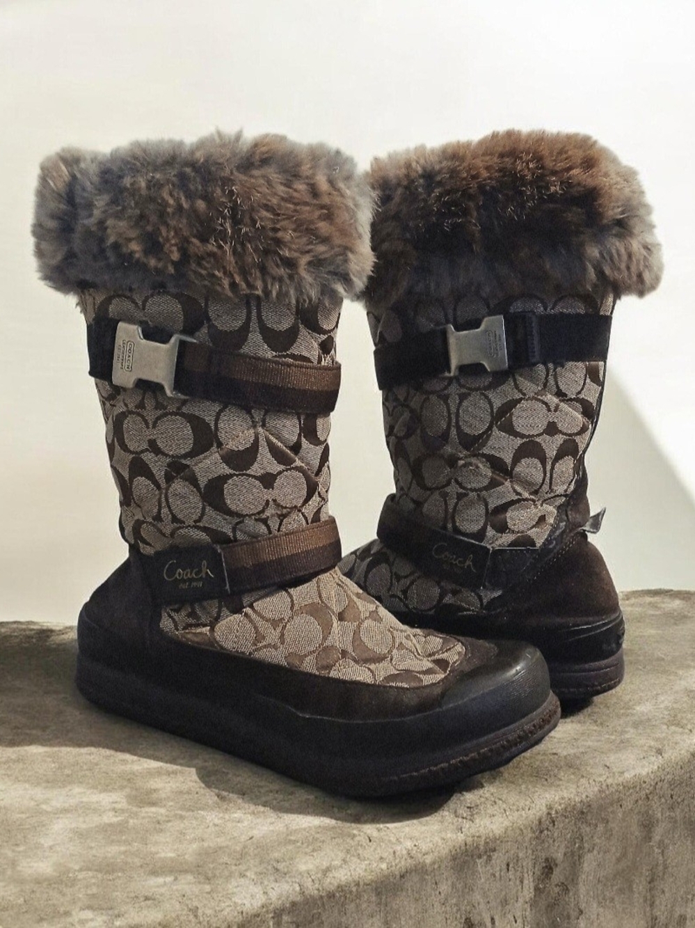 Coach Brown Signature Logo Fur-Trim Winter Boots- AS IS*